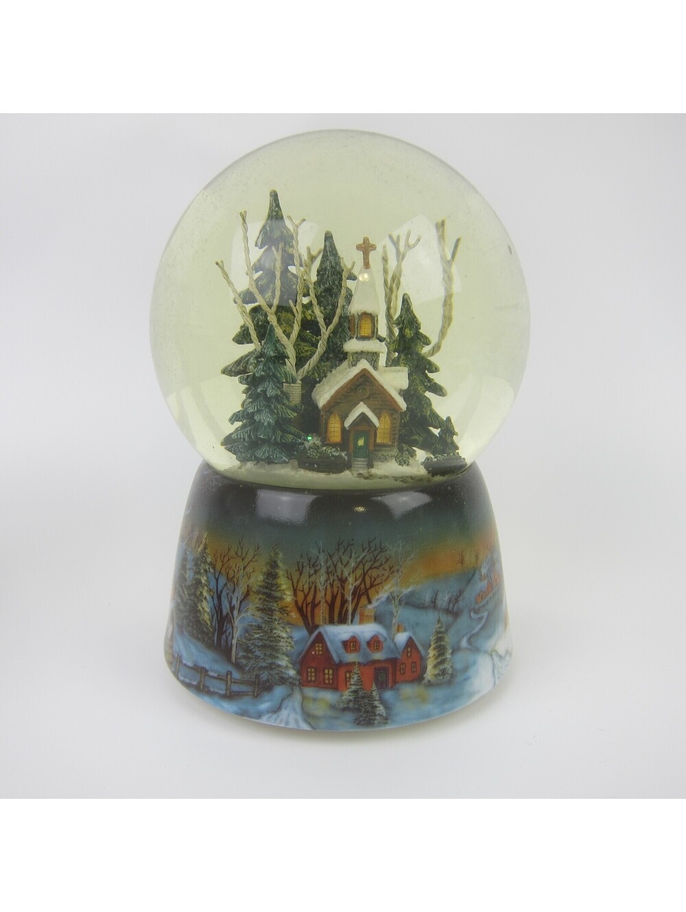 Vintage Snow Globe Music Box Silent Night Church Glass Globe Ceramic Base Roman